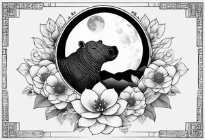 Very asymmetrical, +geometric pattern, with realistic full moon, with seeious looking hippo, +zen feel, + Buddhism touch,
with wintersweet flower bud, +portrait orientation, +inkart touch, tattoo idea