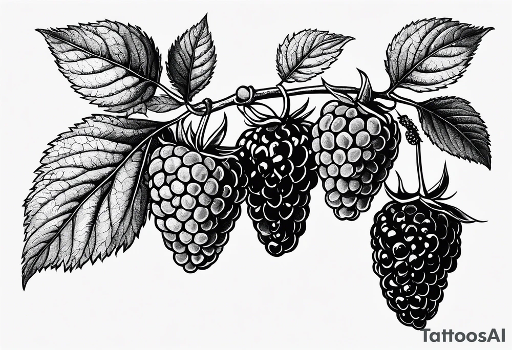 a single long raspberry branch with lots of leaves that is hanging upside down in black and white tattoo idea