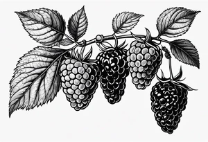 a single long raspberry branch with lots of leaves that is hanging upside down in black and white tattoo idea