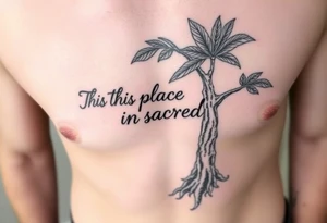 This place is sacred hand written on the trunk of a Hawaiian breadfruit tree tattoo idea