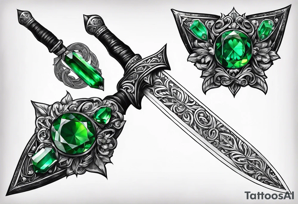 An athame dagger with the hilt turned upward and emerald gemstones tattoo idea