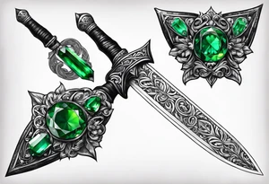 An athame dagger with the hilt turned upward and emerald gemstones tattoo idea