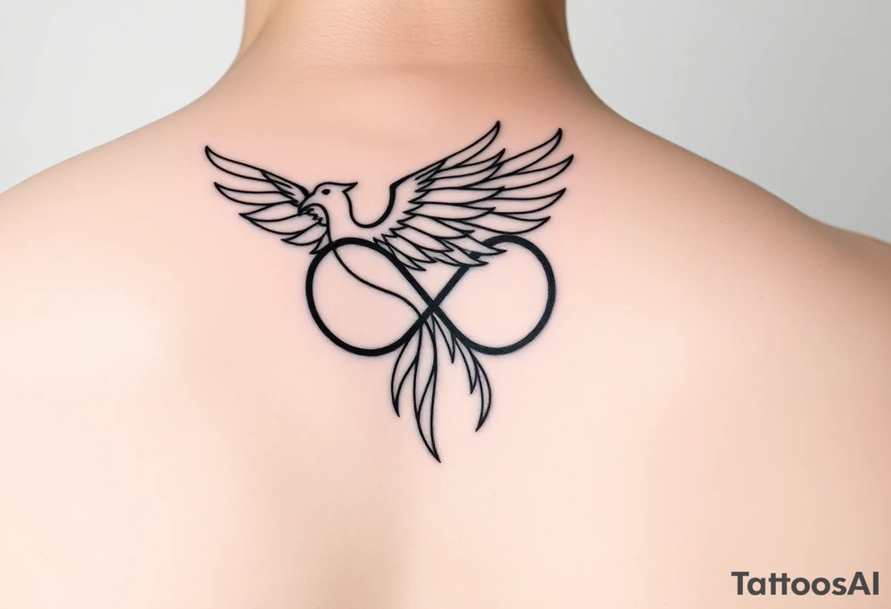 Infinity loop transforming into a geometric phoenix in flight. Smooth continuous black lines, minimalist, symbolic of transcending highs and lows and staying centered through all of life’s changes. Wings made of subtle triangles and flowing lines. Represents eternal resilience and emotional balance.

Vibe: emotional intelligence, grounded rebirth, quiet resilience.
Style tags to use: infinity symbol, geometric linework, minimalist, phoenix, continuous line tattoo. tattoo idea