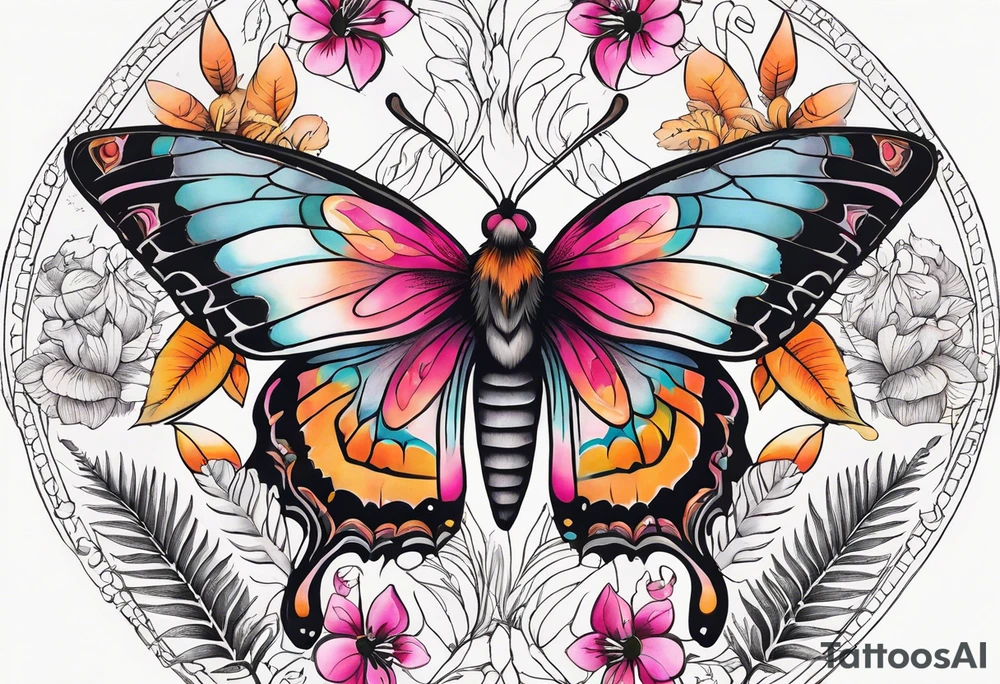 Botanical with pretty moth, colorful, mandala, fern leaves, white, orange, yellow, pink, black, fuschia tattoo idea