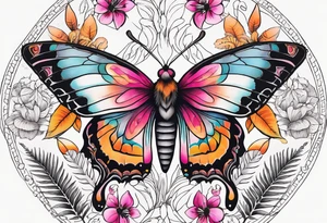 Botanical with pretty moth, colorful, mandala, fern leaves, white, orange, yellow, pink, black, fuschia tattoo idea