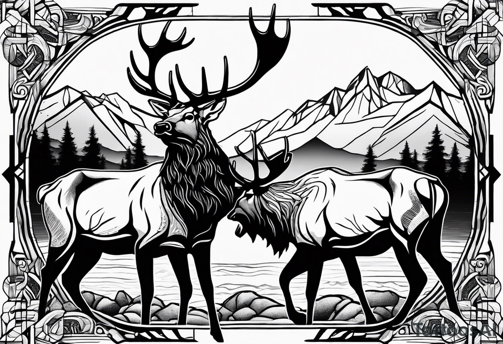 two elk fighting with mountains and stream in background tattoo idea