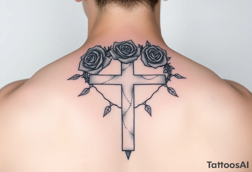 Roses crown of thorns on cross tattoo idea