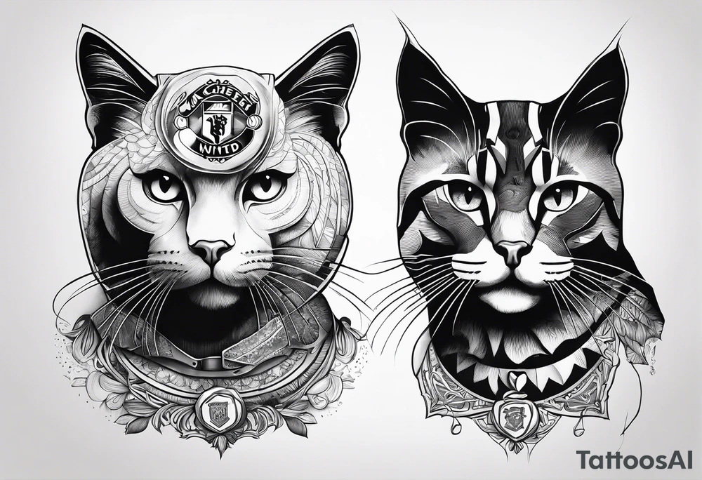 manchester united, two cats, god, EDM. all that combined into one art.it should be long, not wide tattoo idea