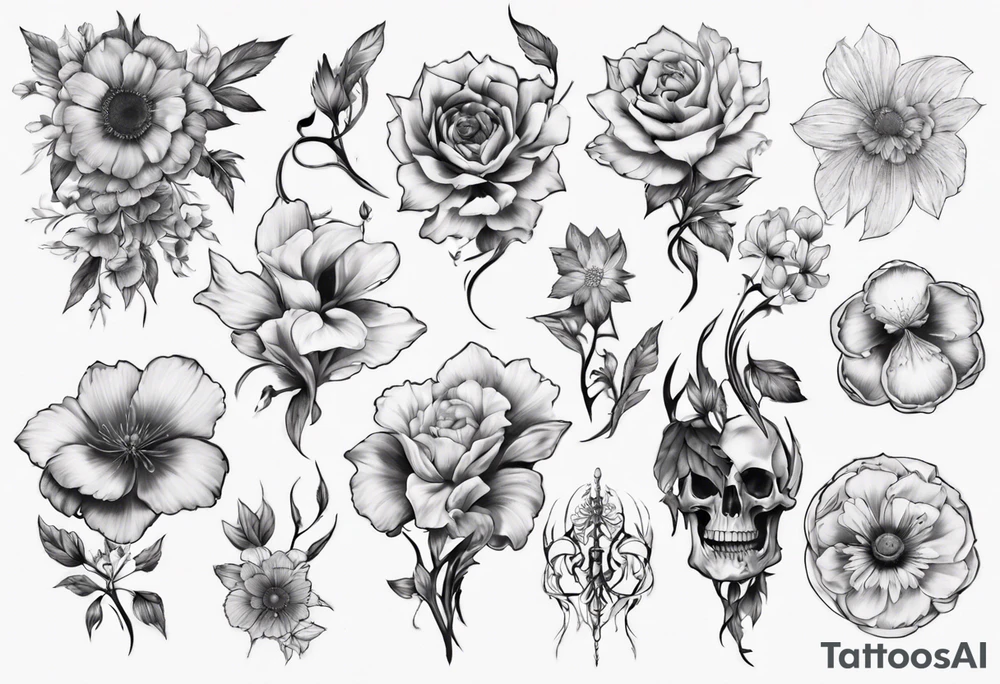 half skeleton ribs blooming flowers tattoo idea