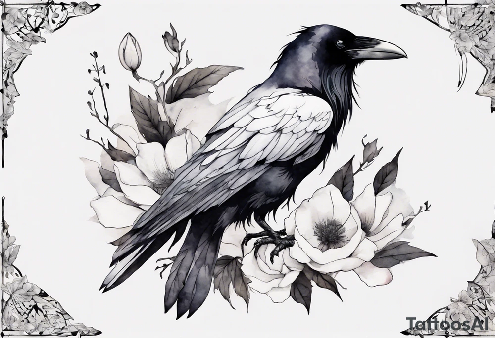 a raven with a white flower in hair tattoo idea