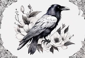 a raven with a white flower in hair tattoo idea