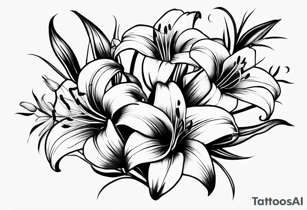 I'm looking for a tattoo design featuring tiger lilies with the initials 'SAC' incorporated into the stems. I envision a black and white style, sleek and minimalist, with clean lines and shading for depth.
Could you recreate this concept with your artistic touch? tattoo idea
