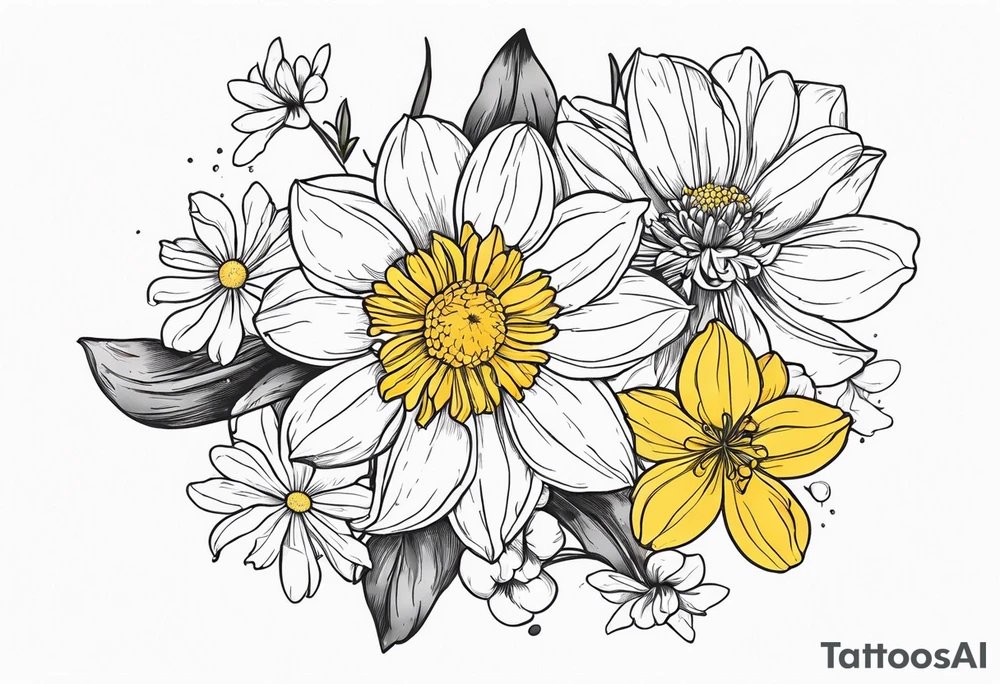 Narcissus, CHRYSANTHEMUM, COSMOS, SNOW DROP in a bouquet tattoo idea