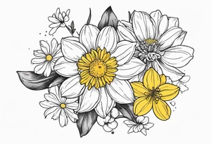 Narcissus, CHRYSANTHEMUM, COSMOS, SNOW DROP in a bouquet tattoo idea