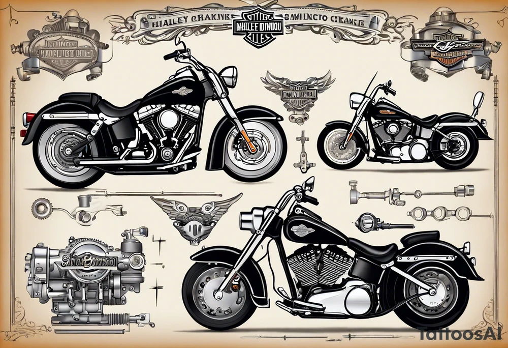 Create a tattoo for a man's chest featuring two cylinder heads (motorcycle engine like a Harley Davidson). The cylinder heads should be partially in cross-section to reveal the pistons, piston rods, valves, and cams. Additionally, part of the engine with the crankshaft should also be in cross-section. You might add a spark or flames to one cylinder (simulating the explosion phase) and perhaps the exhaust phase to the other. Try to prepare the background for potential extension of the tattoo. just engine alone and look from the side tattoo idea