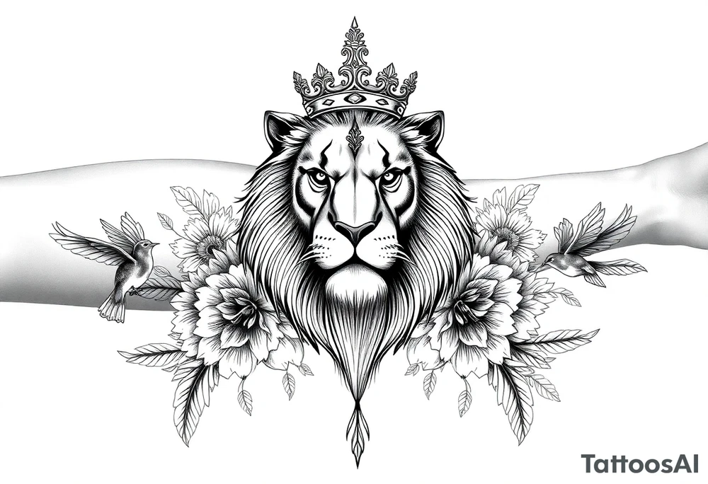powerful majestic lion with a crown, surrounded by floral ornaments and birds tattoo idea