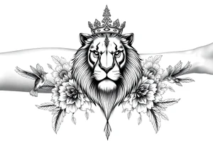 powerful majestic lion with a crown, surrounded by floral ornaments and birds tattoo idea