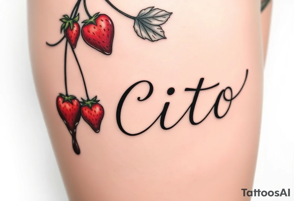 This will be placed going down my thigh.. Make a vine with detail that has strawberries hanging from it some of them should look like they’re dripping chocolate and the last strawberry should look like it has a bite taken out of it the ending of the vine should spell out the name Cito but make it look like a vine with detail it should resemble cursive but keep it looking like it’s written in vine the name should be rotated right going down tattoo idea