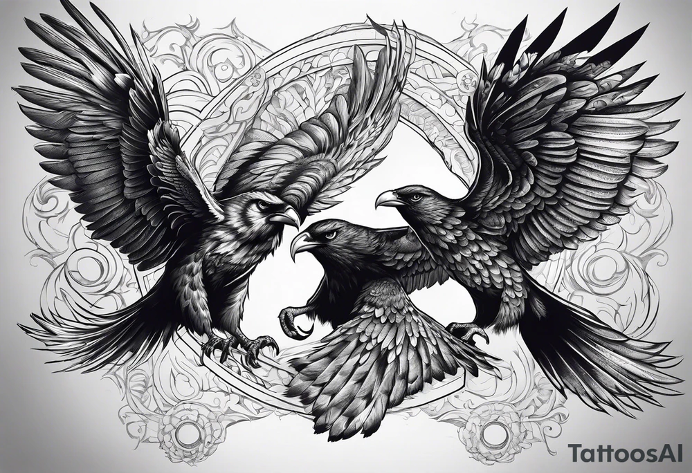 Pheonix and raven fighting with owl flying in at them tattoo idea
