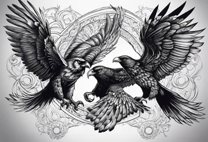 Pheonix and raven fighting with owl flying in at them tattoo idea