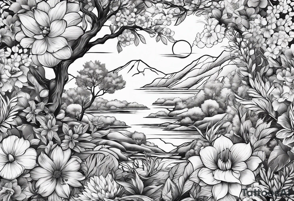 Nature sleeve with flowers leaves and trees tattoo idea