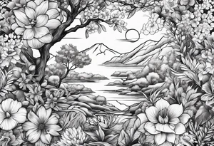 Nature sleeve with flowers leaves and trees tattoo idea