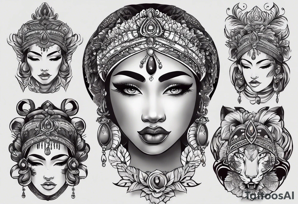 Oxum Opará. Cabeça com
coroa e contas, cabelo em trança. Mão esquerda
com Abebé (espelho), mão direita com adaga.
Posicionada aos pés de uma cachoeira. tattoo idea