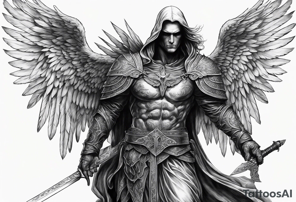 realistic angel of death, man, full body, no face visible, holding one sword, sword vertically pointing downwards tattoo idea