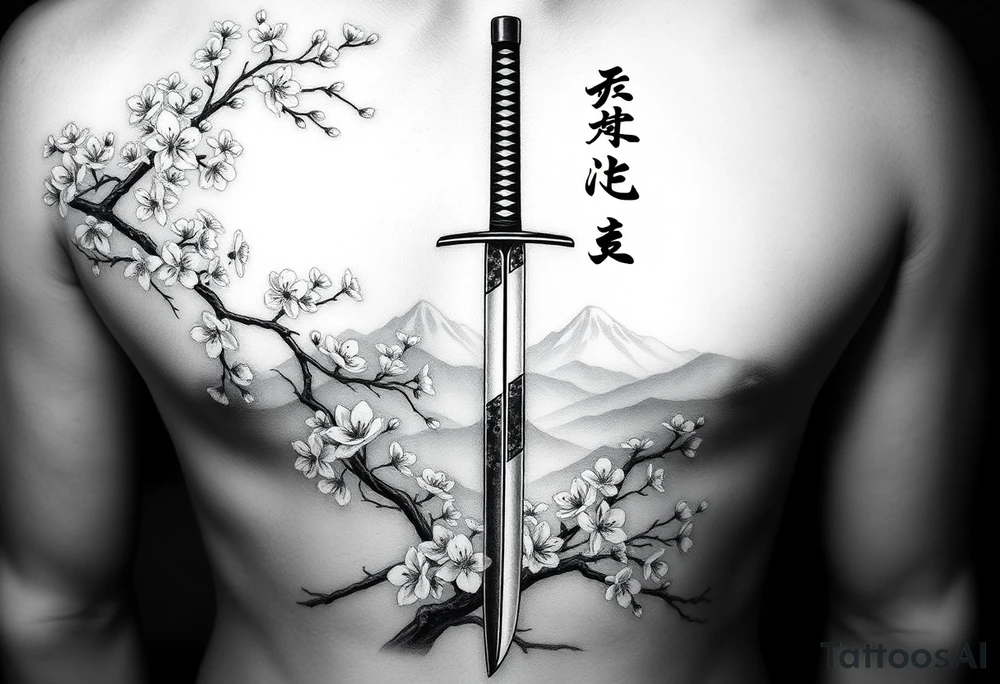 This is a black and gray realism tattoo rooted in discipline, duality, and intention. The centerpiece is a vertical katana, modeled after your original ink, clean and upright like a spine—symbolizing focus, precision, and grounded energy. It’s wrapped in the flowing limbs of a sakura tree, not as an accessory, but as an extension of the blade itself—representing beauty that blooms in adversity. Cherry blossoms aren’t scattered for aesthetics—they move with the wind, some drifting in the foreground, others clinging to the sword like it’s their protector. Behind it all sits a misty torii gate and layered mountains, giving the piece weight, history, and spiritual context. The kanji 平和の剣 (“Sword of Peace”) rides the piece vertically, not slapped on but earned—a message that resonates from the blade outward. The shading is deep and unifying, giving everything one breath, one tone, one story. Nothing floats, nothing competes. The sword doesn’t dominate the art—it becomes the axis around which peace, nature, and power orbit. tattoo idea