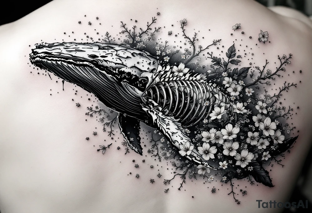 idea is basically a whale that's damaged and torn exposing the skeletal innerts, but it's still fiercely moving forward as hard as it can, swimming in waves and a bed of flower. contrasts, focus cherry blossoms, waves and fire tattoo idea