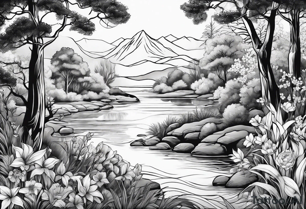 Peaceful nature scene with flowers, trees, animals and water tattoo idea