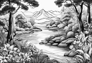 Peaceful nature scene with flowers, trees, animals and water tattoo idea