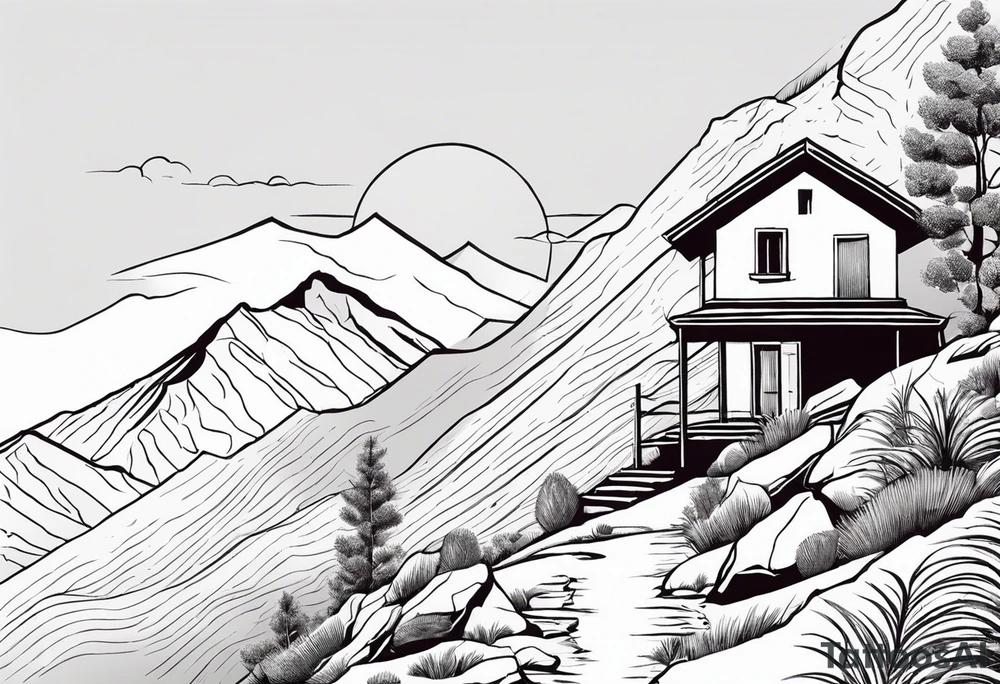 composizione con un esploratore che fa trekking e sullo sfondo una montagna (Gran Sasso, Italia) tattoo idea