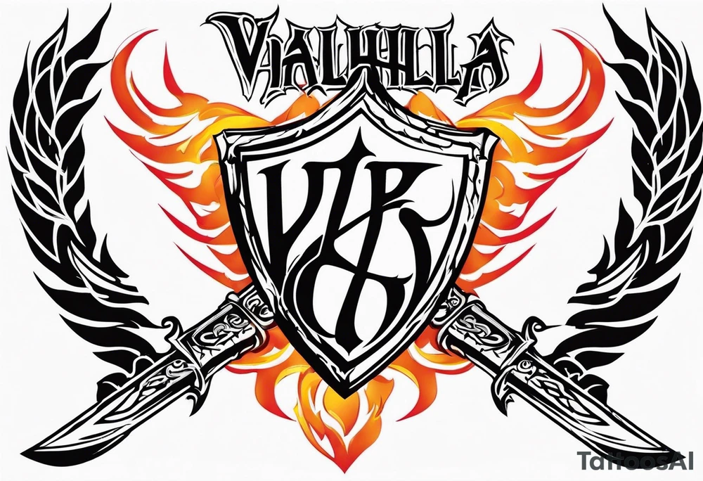 Valhalla flames sword shield barb wire tattoo idea
