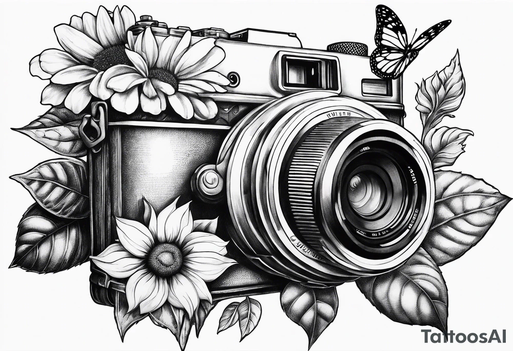 Butterfly, sunflower, camera, book, flower rose tattoo idea Butterfly, sunflower, camera, book, flower rose tattoo idea