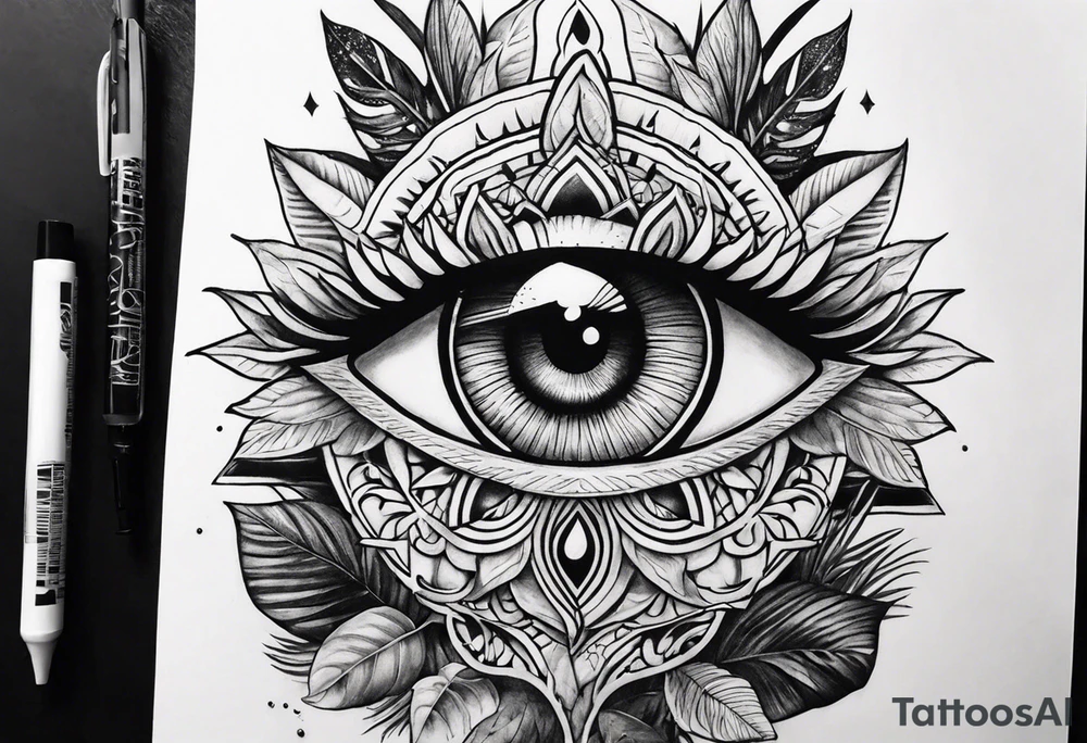 full sleeve tattoo with jungle plants and the all-seeing eye tattoo idea