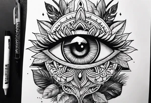 full sleeve tattoo with jungle plants and the all-seeing eye tattoo idea