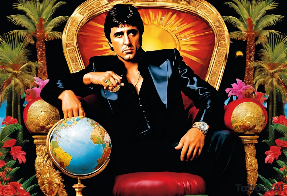 Tony Montana sitting on his throne with his infamous "The World is Yours” globe in hand, surrounded by elements that represent key scenes or motifs from the movie? For example, you could include symbols like piles of cocaine, palm trees, guns, and perhaps even the iconic "Say hello to my little friend" scene in the background. This would create a dynamic and visually captivating tattoo that pays homage to Scarface in a unique and personalized way. tattoo idea
