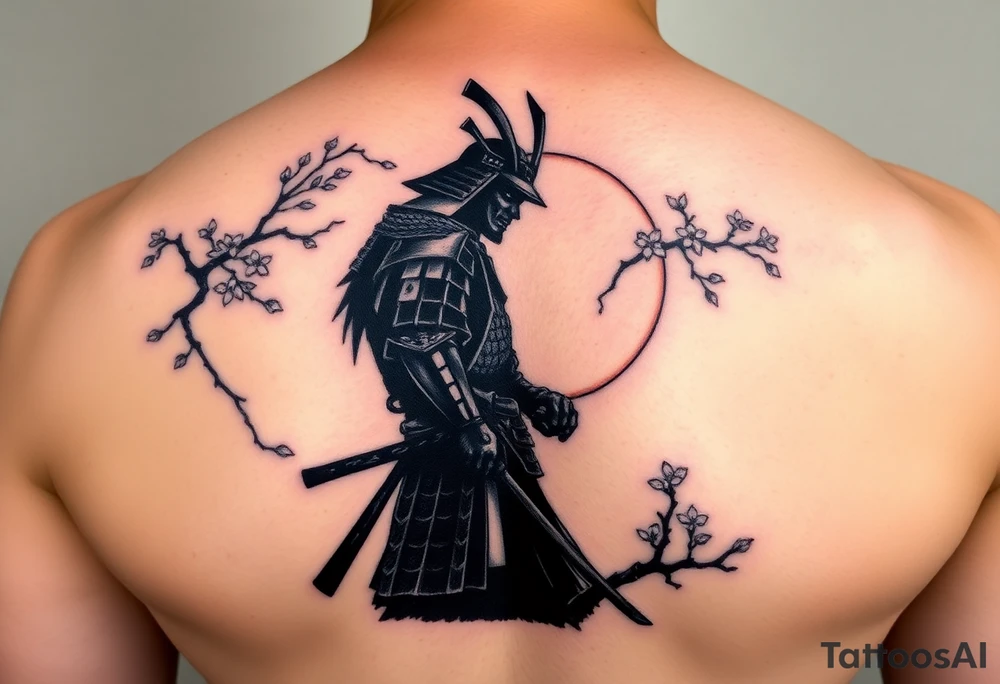 noble samurai warrior silhouette at sunset with cherry blossoms tattoo idea