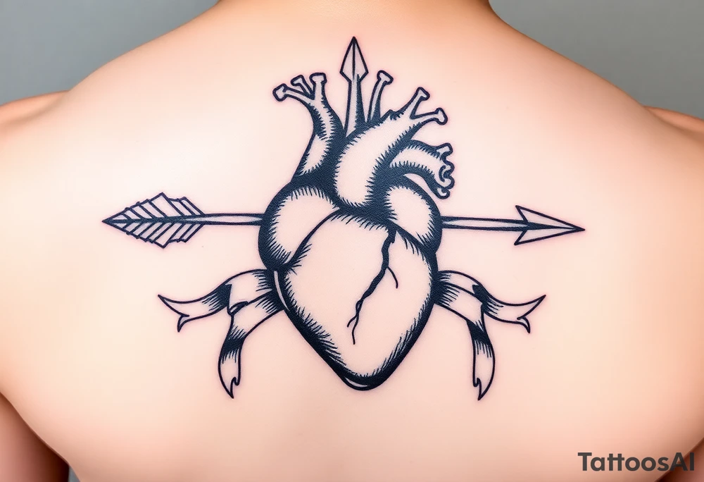 anatomical heart pierced by ornate arrow with flowing ribbons tattoo idea