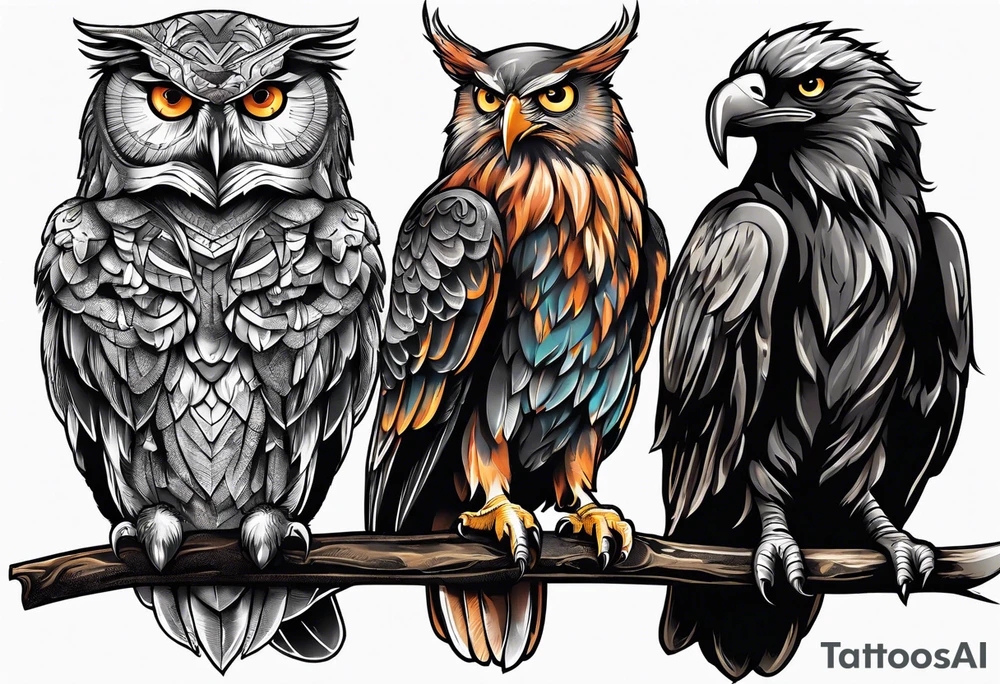 owl vs crow vs eagle vs elephant tattoo idea