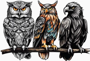 owl vs crow vs eagle vs elephant tattoo idea