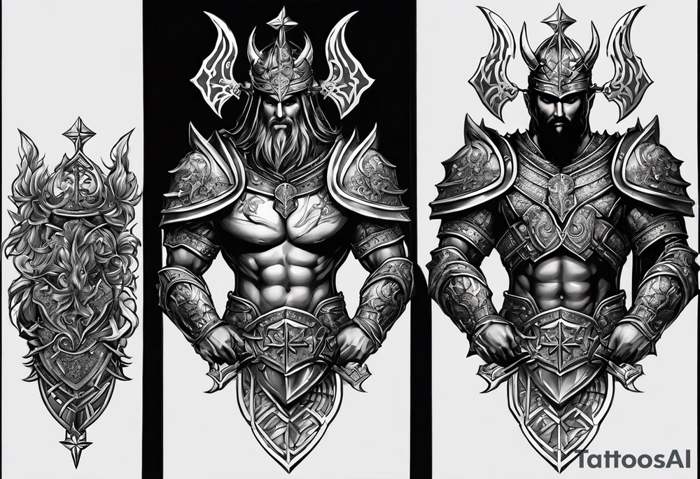 Right Upper arm, pectoral and back armor, demons crawling up bottom of the chest and back plates with heaven and cross on top of the armor plates, chainmail underneath arm plates tattoo idea