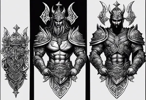 Right Upper arm, pectoral and back armor, demons crawling up bottom of the chest and back plates with heaven and cross on top of the armor plates, chainmail underneath arm plates tattoo idea