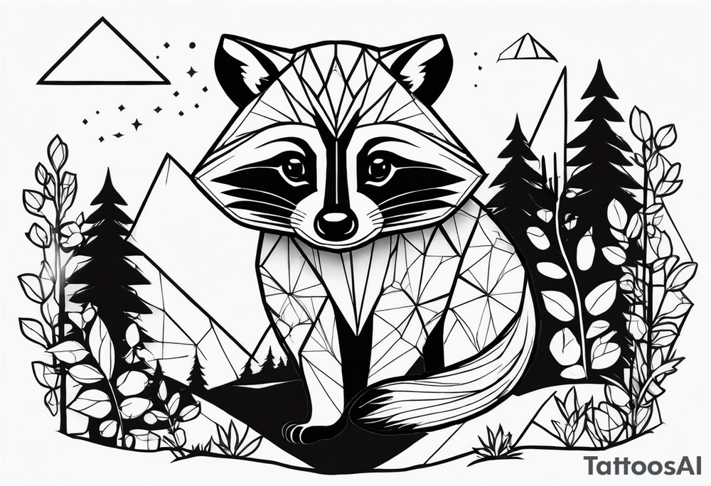 Raccoon in nature in shape of long diamond tattoo idea