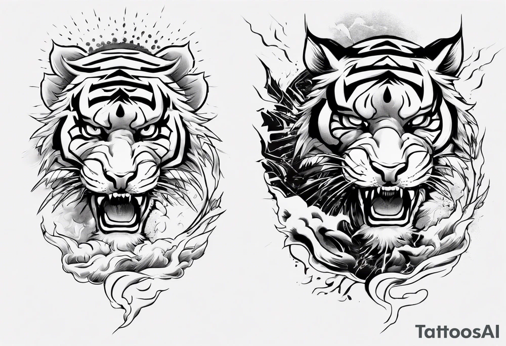 tiger warrior with lightning and the sun for a forearm sleeve tattoo idea