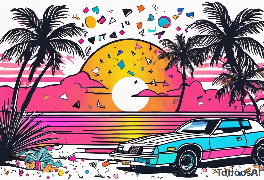 1980's miami vice style beach dance 
party, include confetti, music notes, boom box, bikinis sunset in the center tattoo idea