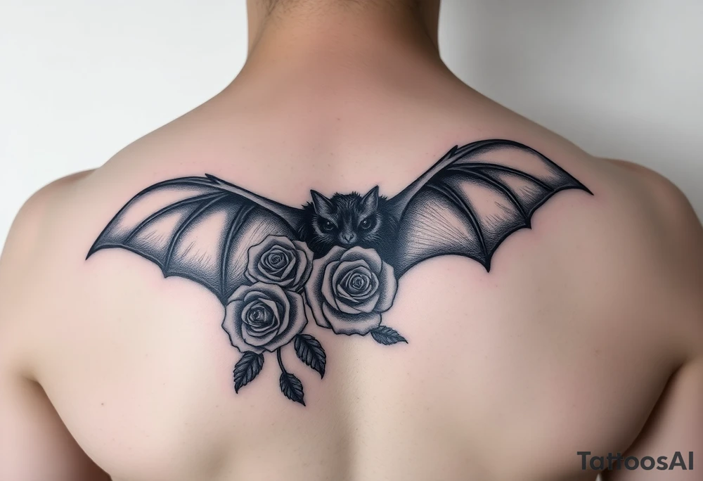 bat with / rose flowers tattoo idea