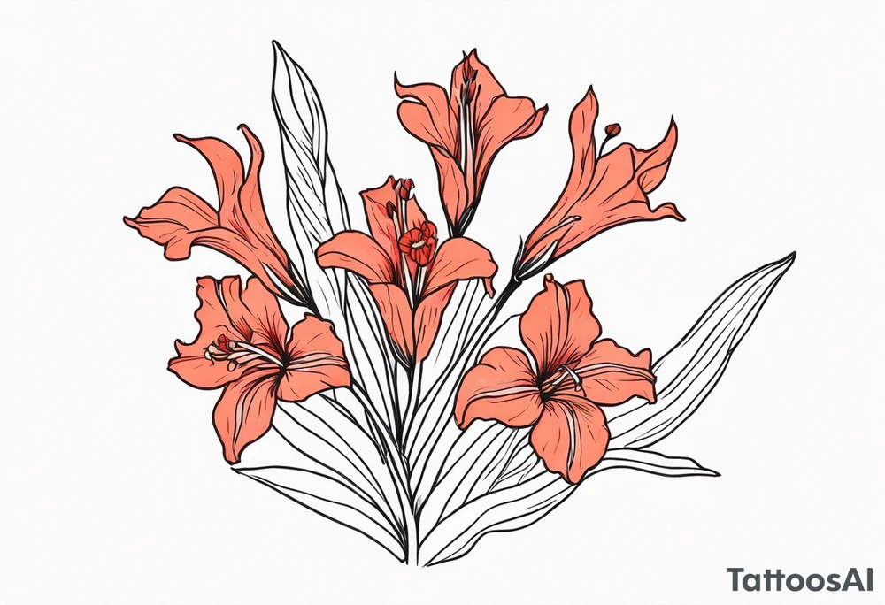 a thin narrow gladiolus with coral-colored flowers with red centers tattoo idea