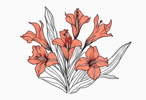 a thin narrow gladiolus with coral-colored flowers with red centers tattoo idea